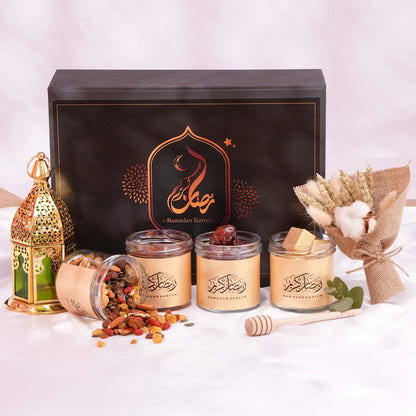 Special chocolate, nuts and honey box with golden lantern